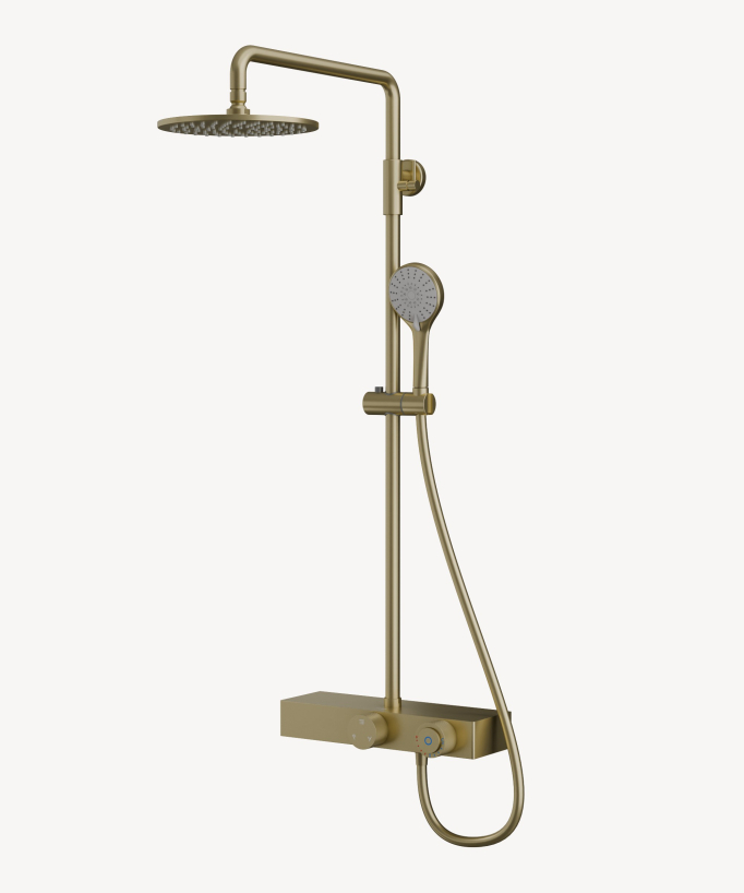 Colonna doccia moderna con mensola in oro spazzolato senza regolatore di portata - Tabarca - small