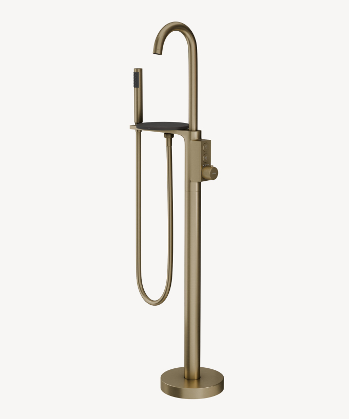 Robinet mitigeur thermostatique de baignoire au sol doré brossé avec tablette intégrée