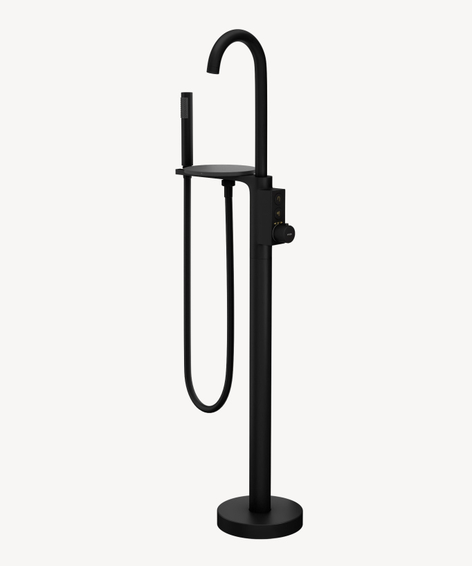 Robinet mitigeur thermostatique de baignoire au sol noir équipé d'une tablette et d'une douchette à main