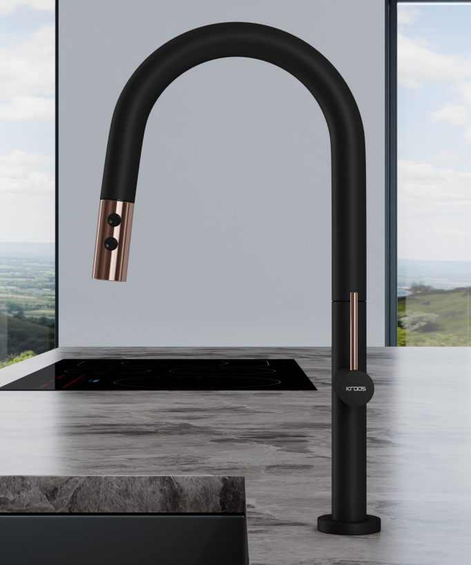 Miscelatore lavello moderno con doccetta estraibile - nero & oro rosa