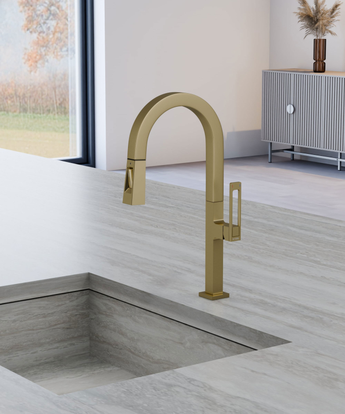 Miscelatore lavello alto moderno con doccetta - oro spazzolato