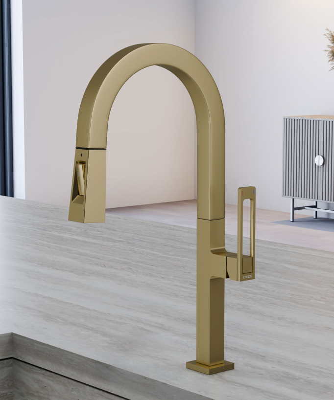 Miscelatore lavello alto moderno con doccetta - oro spazzolato