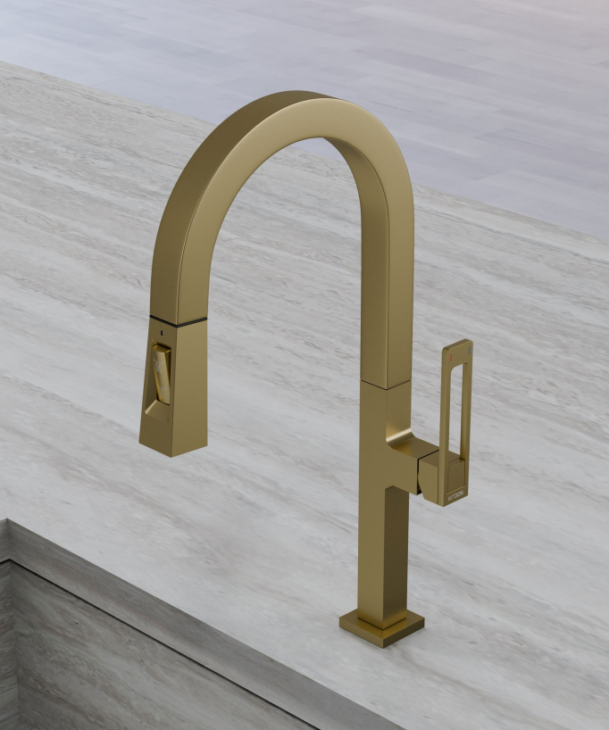 Miscelatore lavello alto moderno con doccetta - oro spazzolato