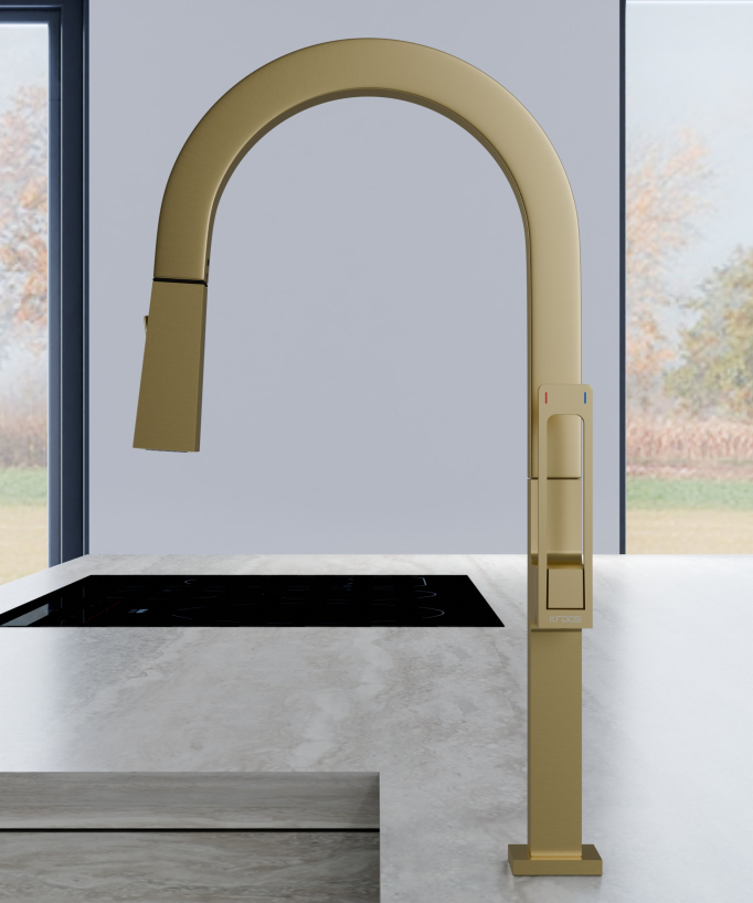 Miscelatore lavello alto moderno con doccetta - oro spazzolato