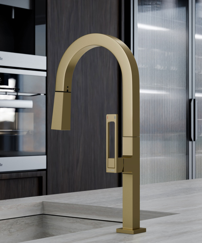 Miscelatore lavello alto moderno con doccetta - oro spazzolato