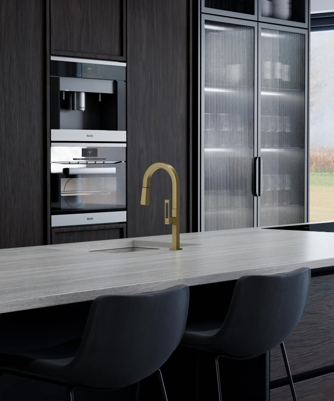 Miscelatore lavello alto moderno con doccetta - oro spazzolato