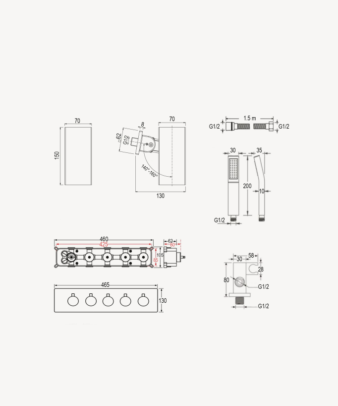 Set miscelatore termostatico multi-funzione con soffione orientabile - Sirius