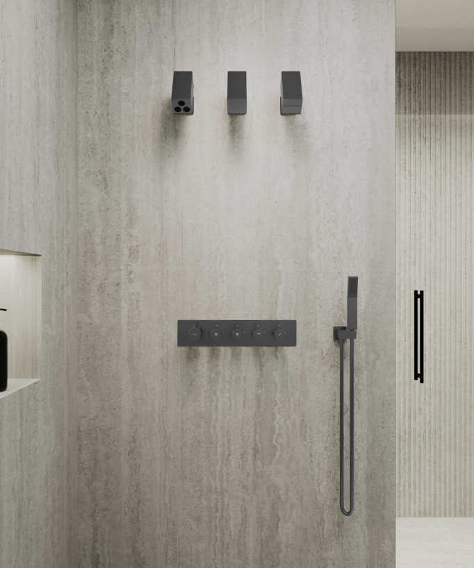 Set miscelatore termostatico multifunzione con soffione orientabile Gun metal - Sirius