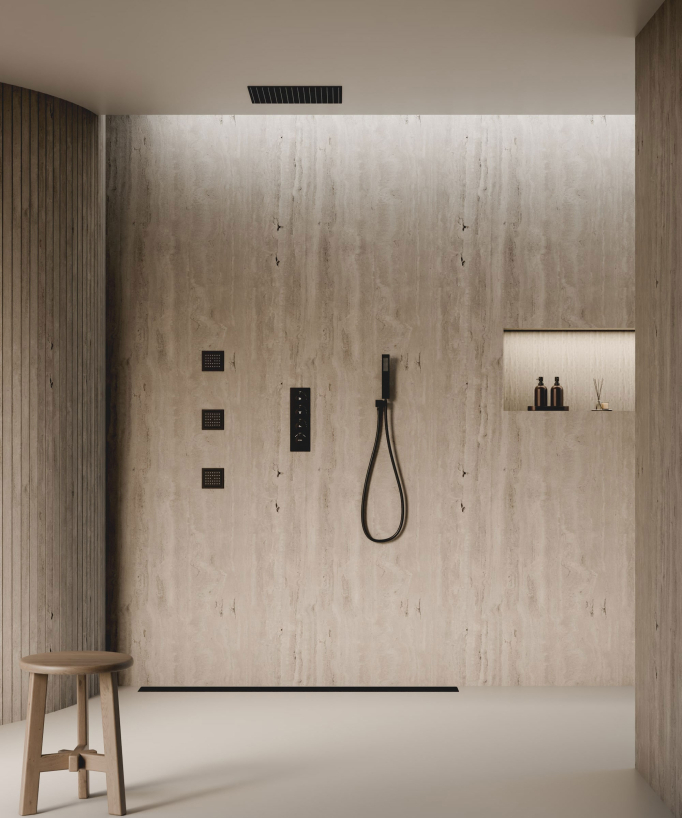 Sistema doccia termostatico a soffitto con getti nascosti 500 mm - Nero