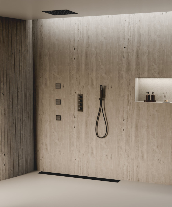 Sistema doccia termostatico a soffitto con getti nascosti 500 mm - Nero