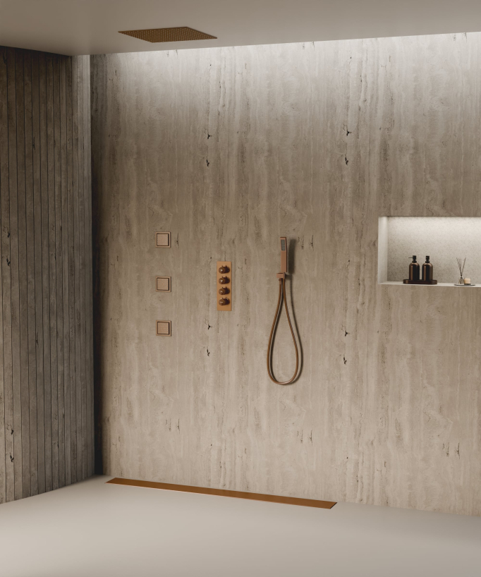 Sistema doccia termostatico a soffitto con getti nascosti 500 mm - Oro rosa spazzolato