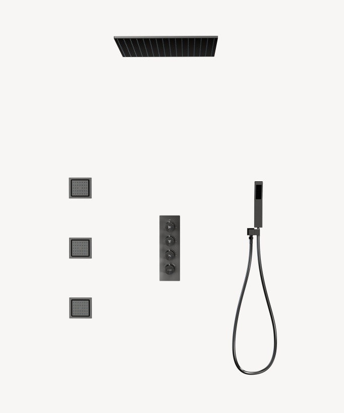 Cielo doccia termostatico incassato soffitto 500 mm, 3 getti corpo Gun metal - Sirius
