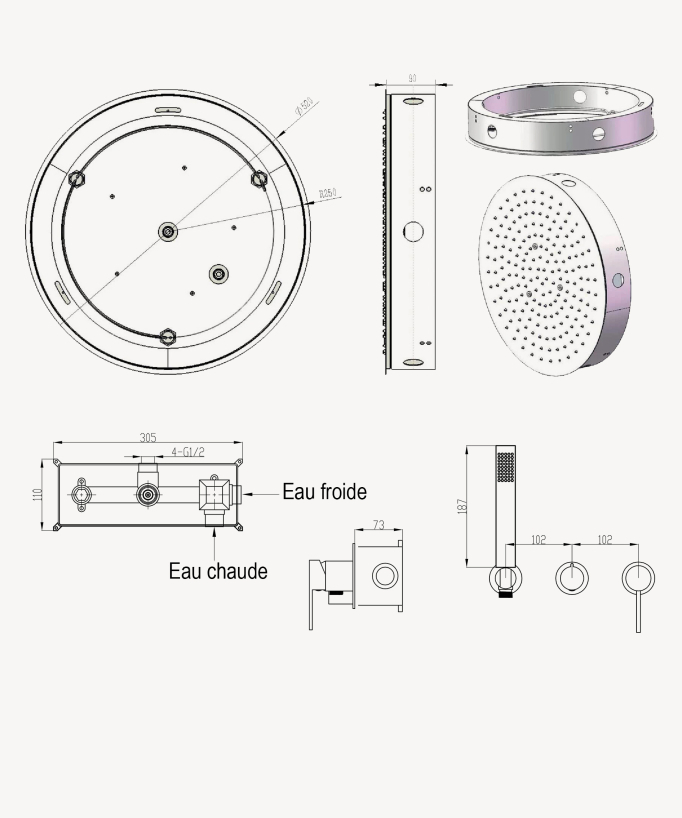 Set miscelatore doccia 3 fori incasso a soffitto rotondo - Corbeau
