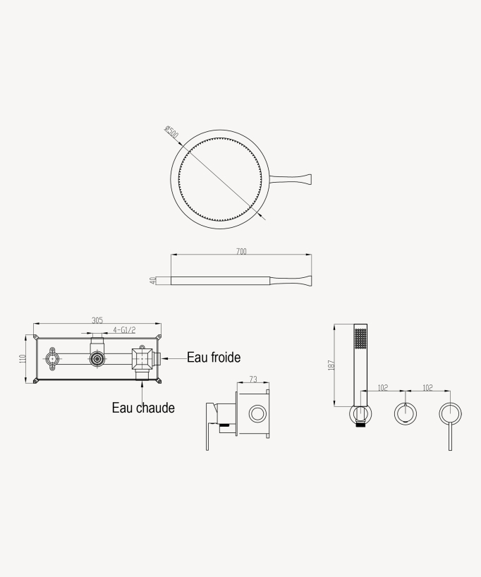 Kit doccia con soffione circolare Gun metal - Corbeau