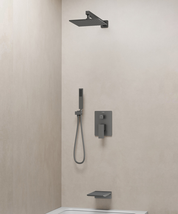 Colonna doccia e bagno da incasso con bocca a cascata gun metal – Thilia