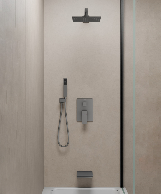 Colonna doccia e bagno da incasso con bocca a cascata gun metal – Thilia