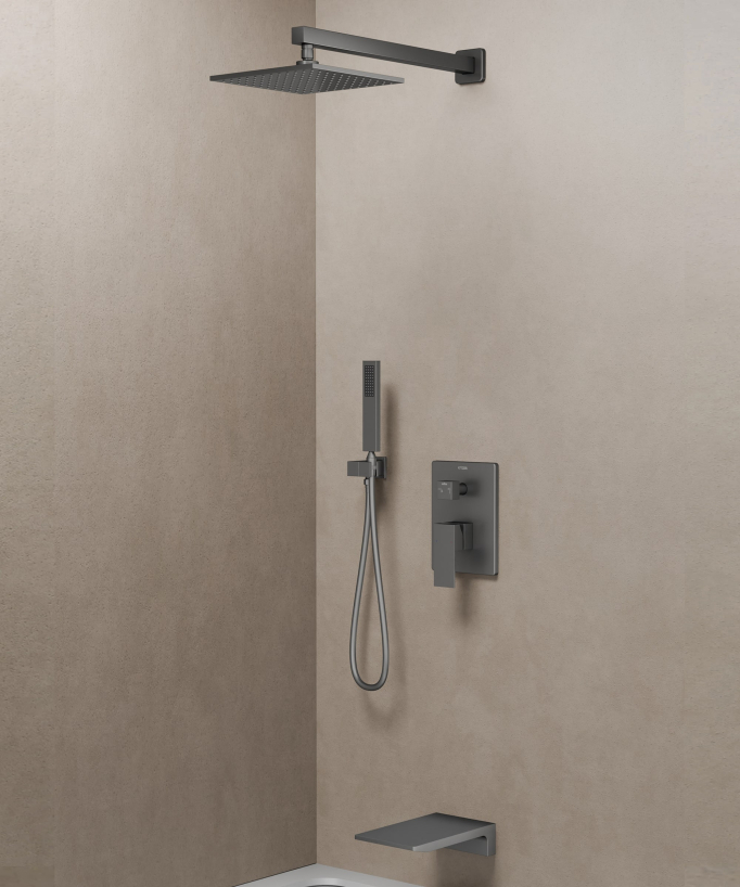 Colonna doccia e bagno da incasso con bocca a cascata gun metal – Thilia