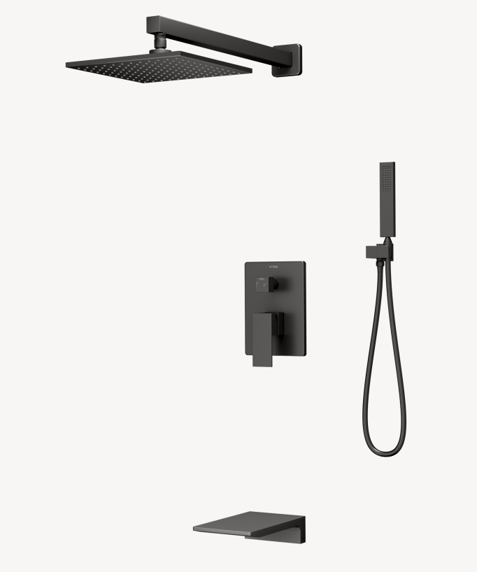 Colonna doccia e bagno da incasso con bocca a cascata gun metal – Thilia