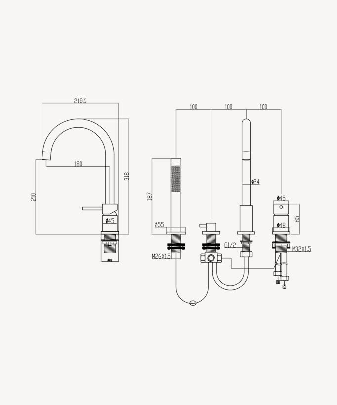 Miscelatore per vasca bordo 4 fori Nickel spazzolato - Corbeau