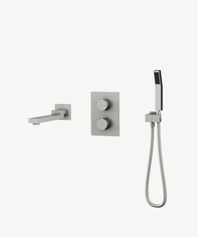 Mitigeur thermostatique bain douche équipé d'une sécurité anti brûlures, avec douchette extra-plate et support mural, couleur nickel brossé. 