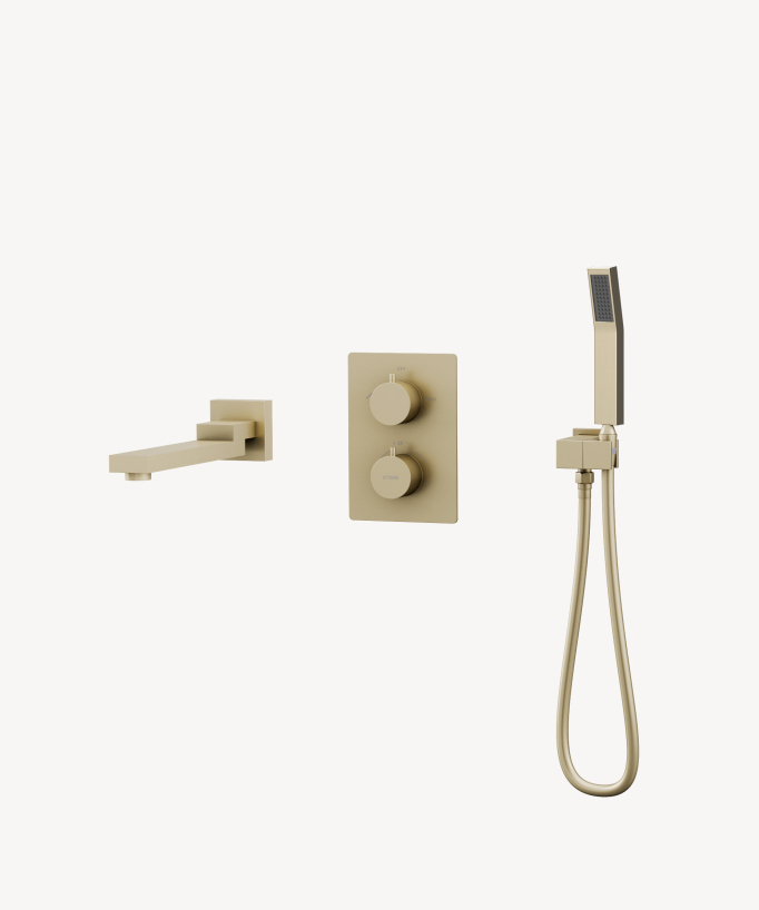 Mitigeur thermostatique bain-douche encastré, équipé d'un bec de baignoire, d'une douchette à main avec support mural et flexible de douche PVC, ainsi que d'une platine de finition avec deux poignées, Doré brossé.
