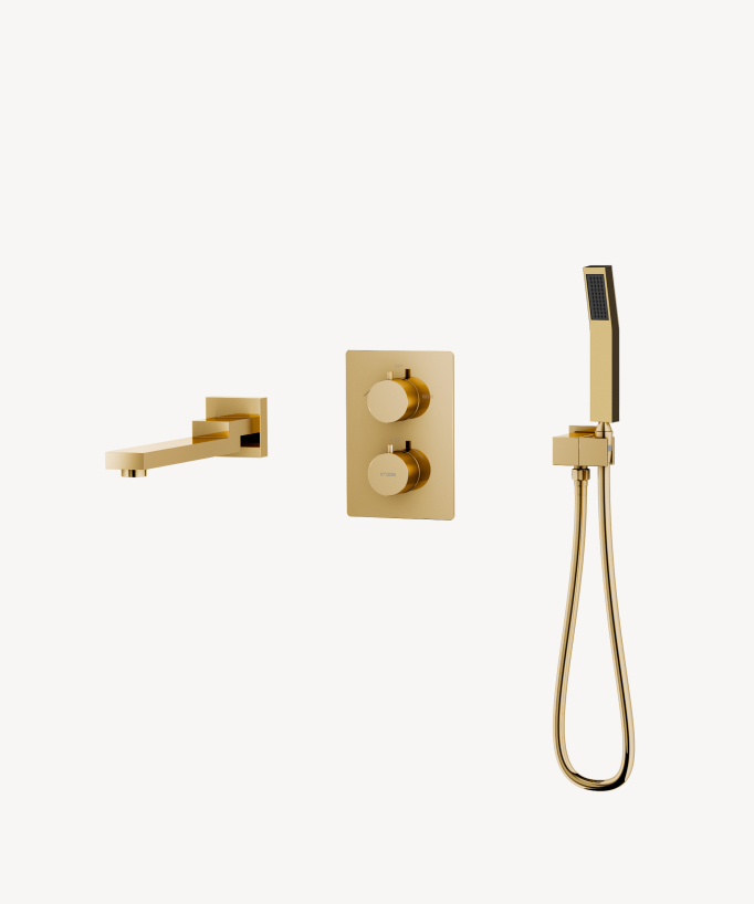 Robinet bain douche thermostatique couleur dorée, avec douchette extra plate et butée de température à 38°. 