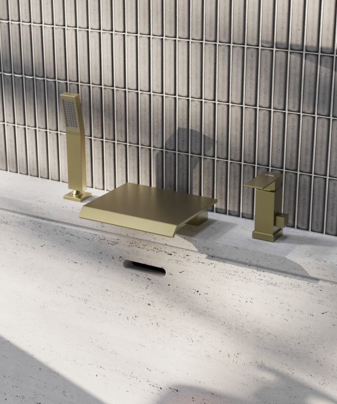 Miscelatore bagno cascata bordo vasca 3 fori Oro spazzolato - Sirius