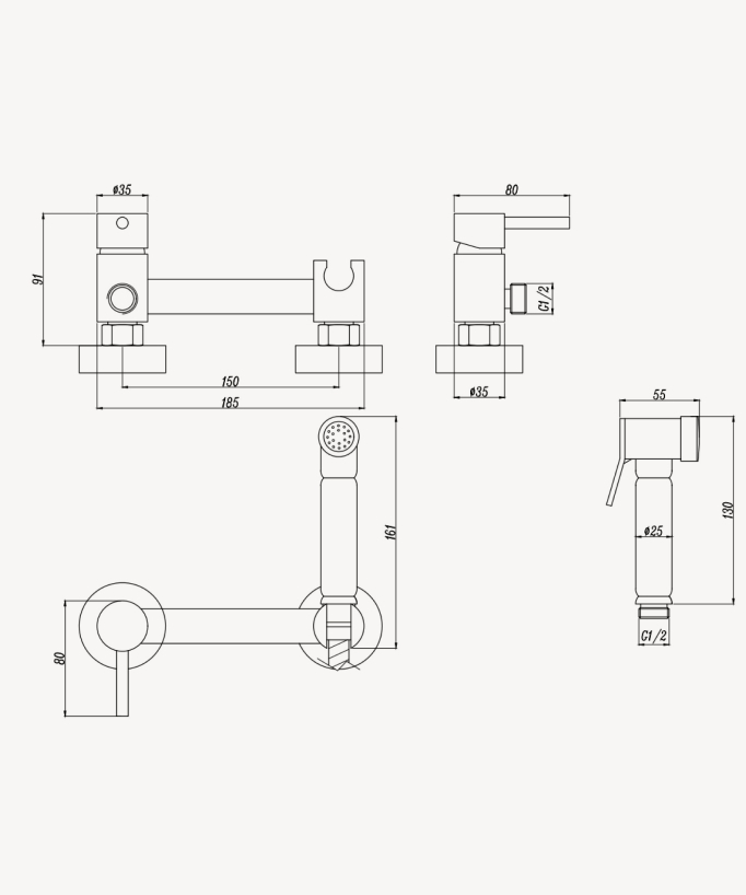 Kit miscelatore incasso WC a 2 fori - Cromato