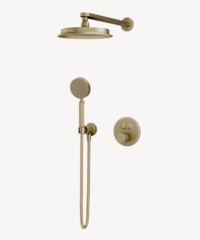 Colonne de douche encastrable finition doré brossé équipée d'un pommeau de douche rond, d'une douchette avec support mural et d'un mitigeur thermostatique.