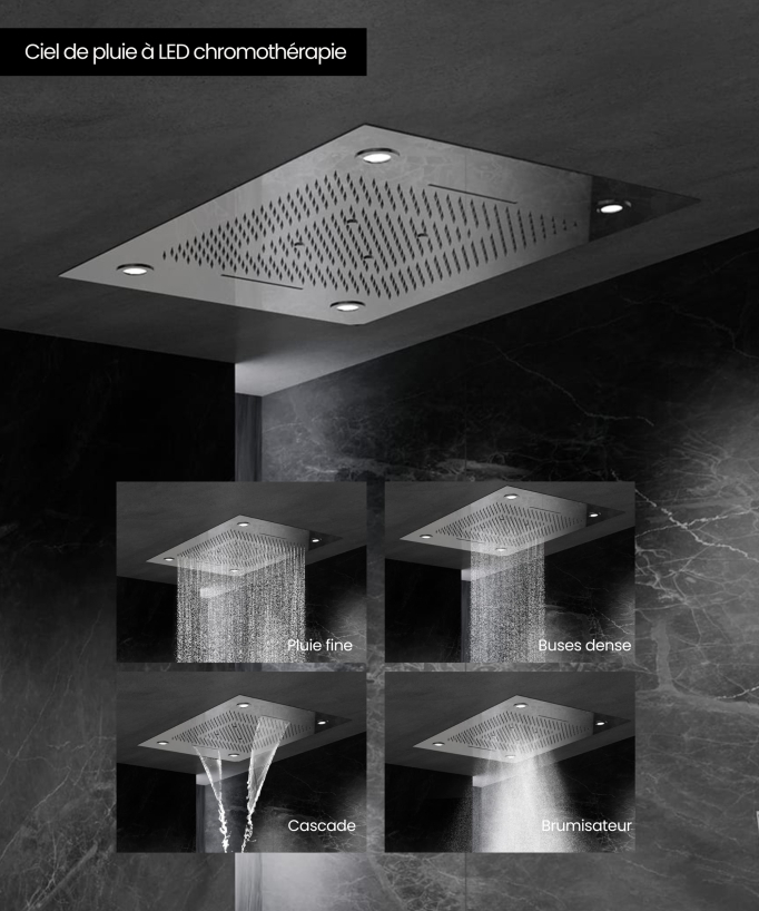 Set doccia termostatico con soffione a pioggia LED e cromoterapia - 80x60 cm