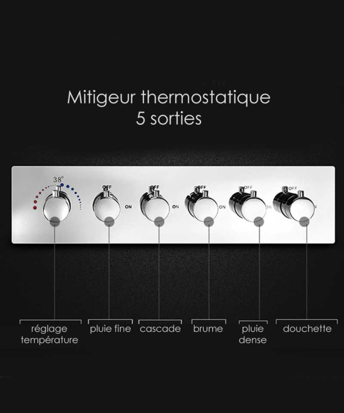 Composizione doccia termostatica con soffione LED e cromoterapia - 80x60 cm - Gun metal