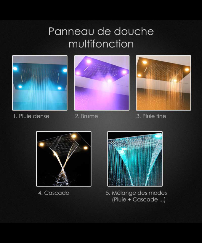 Composizione doccia termostatica con soffione LED e cromoterapia - 80x60 cm - Gun metal