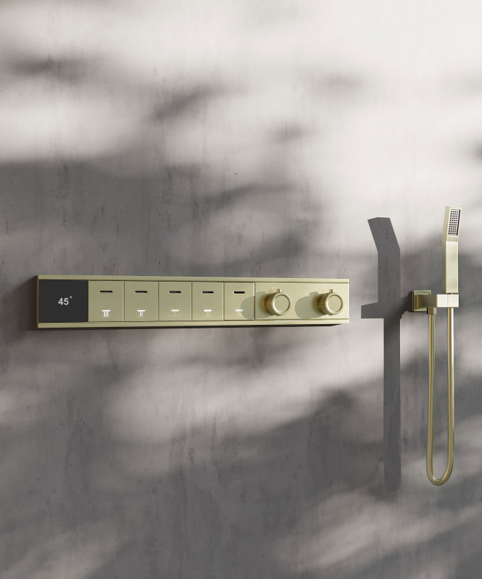 Set doccia termostatico, soffione multifunzione 70x70 cm a LED - Oro spazzolato