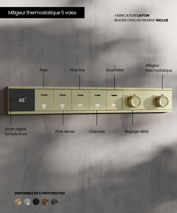 Set doccia termostatico, soffione multifunzione 70x70 cm a LED - Oro spazzolato