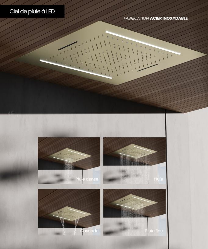 Set doccia termostatico, soffione multifunzione 70x70 cm a LED - Oro spazzolato
