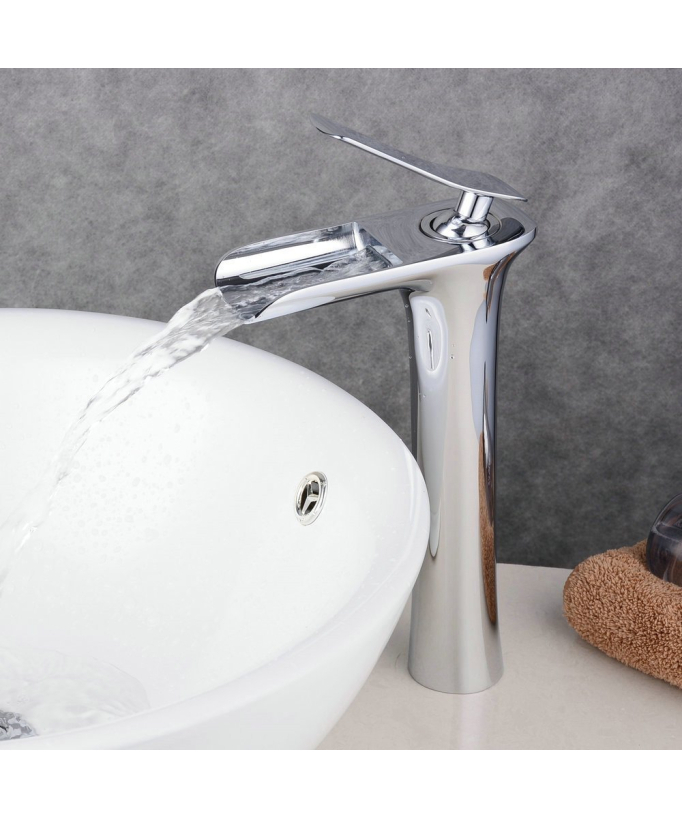 Rubinetto lavabo a cascata cromato in ottone, monocomando alto design squadrato