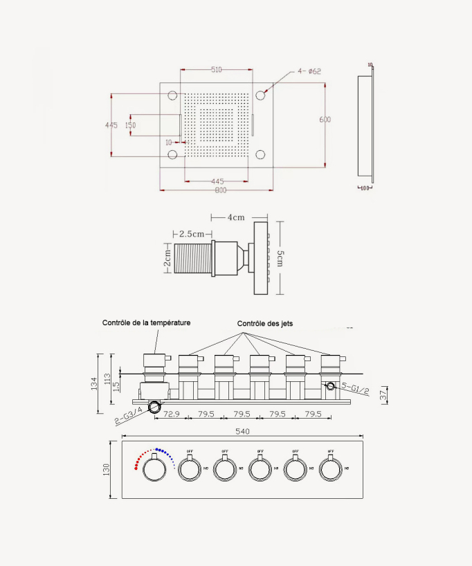 Pannello doccia termostatico multifunzione a LED - 600x800 mm