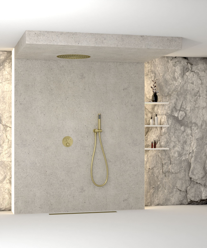 Pacchetto doccia termostatico con soffione rotondo da incasso - Oro spazzolato