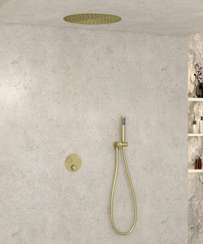 Pacchetto doccia termostatico con soffione rotondo da incasso - Oro spazzolato - small