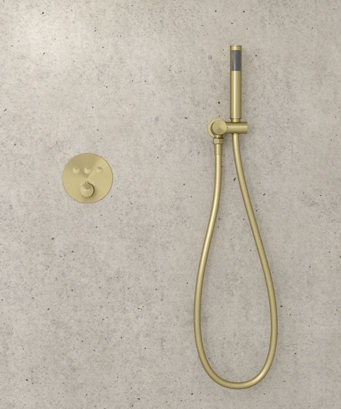 Pacchetto doccia termostatico con soffione rotondo da incasso - Oro spazzolato