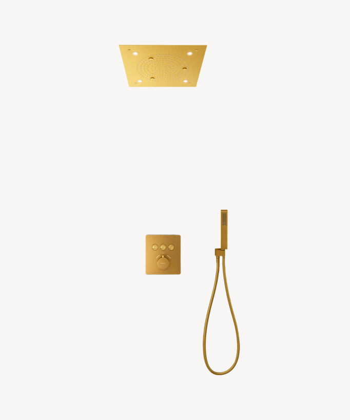Set doccia termostatico con soffione a pioggia LED incasso soffitto Oro spazzolato - Sirius