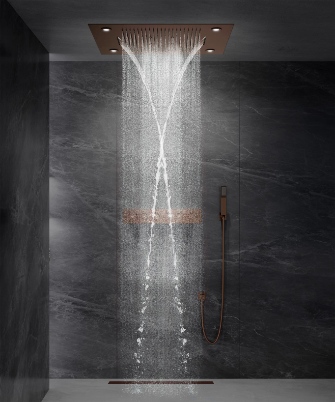 Pannello doccia termostatico con soffione LED 800x600 mm - Oro rosa spazzolato