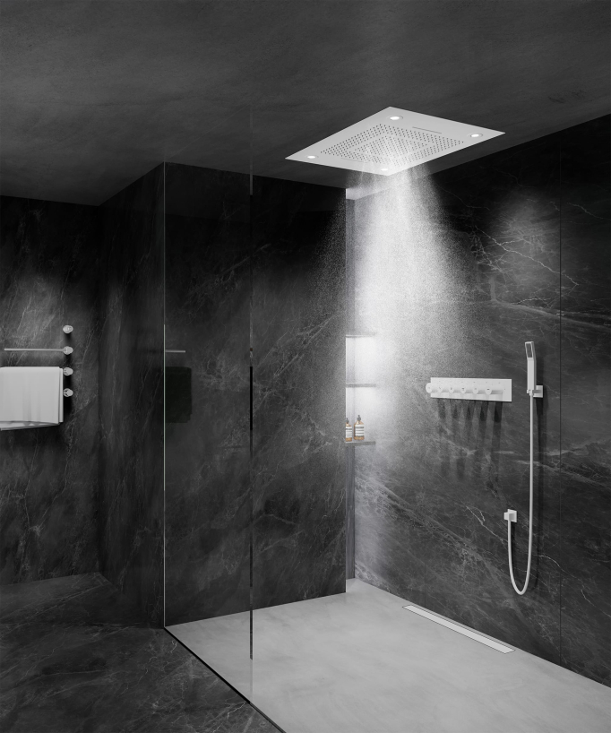 Composizione doccia termostatica con soffione LED e cromoterapia - 80x60 cm - Bianco