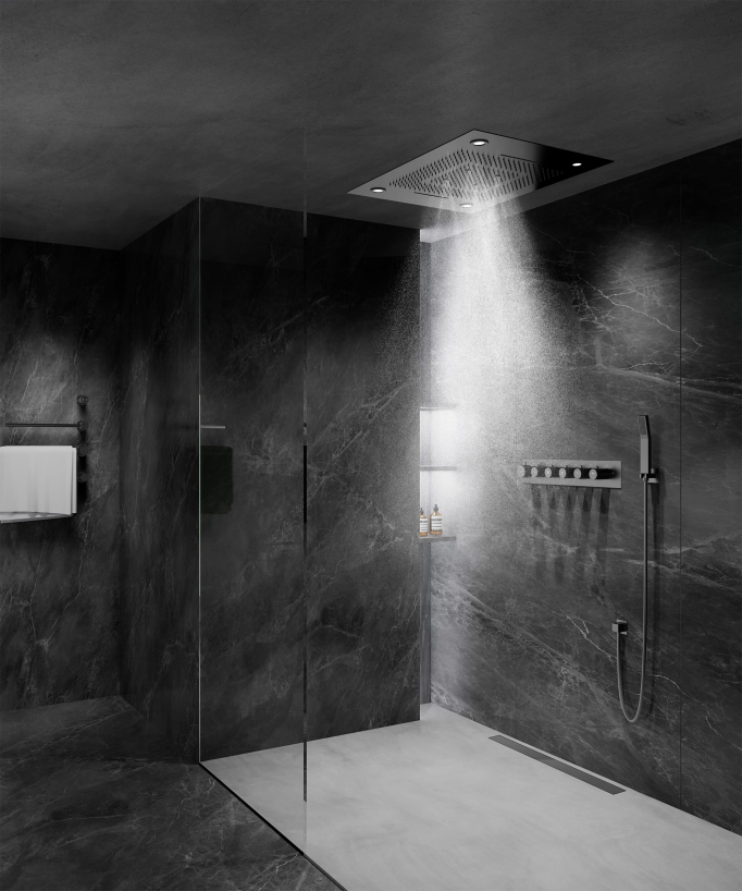 Composizione doccia termostatica con soffione LED e cromoterapia - 80x60 cm - Gun metal