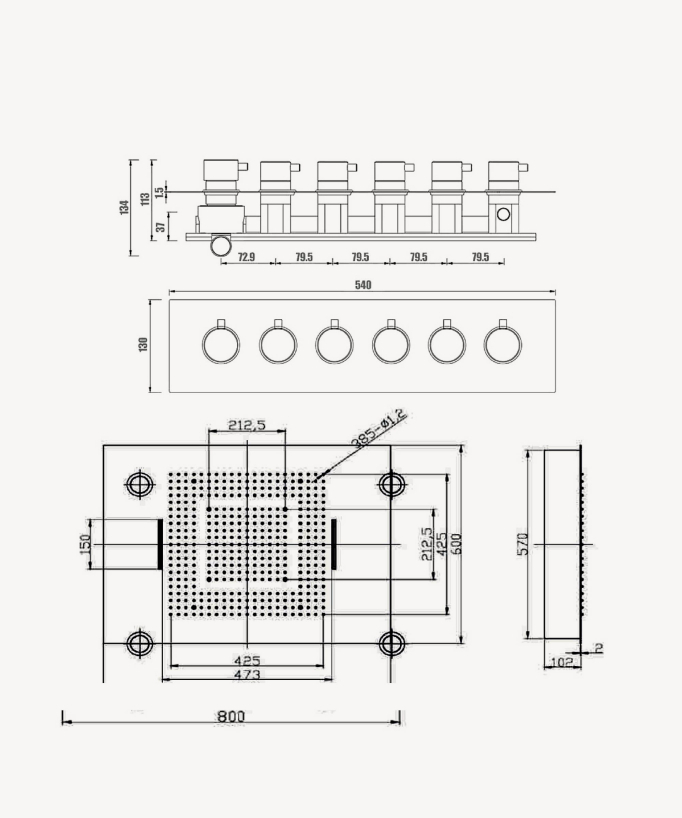 Composizione doccia termostatica con soffione LED e cromoterapia - 80x60 cm - Gun metal