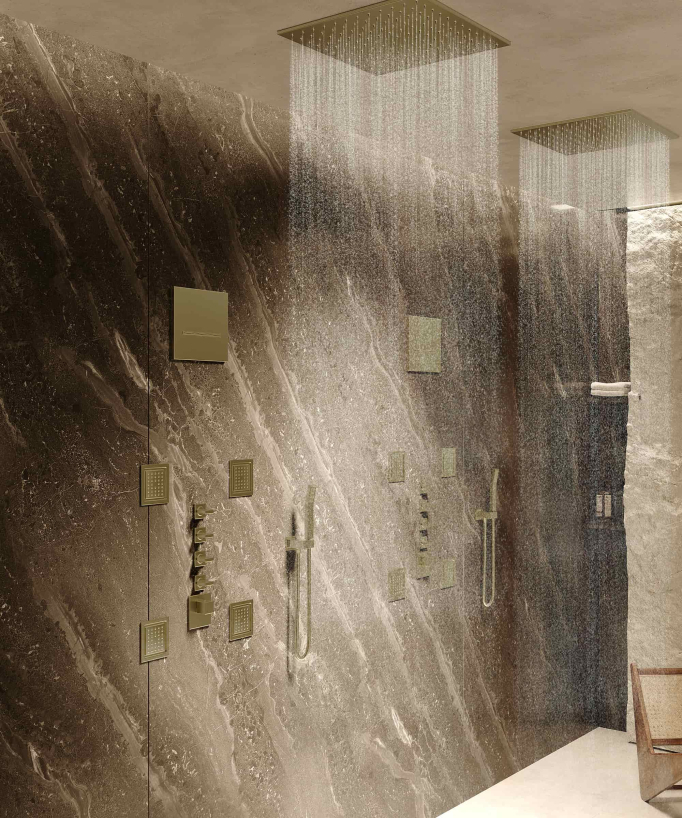 Composizione doccia termostatica soffione wellness con body jets Oro spazzolato - Sirius