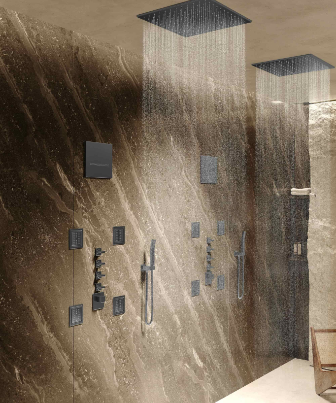Composizione doccia termostatica soffione wellness con body jets Gun metal - Sirius