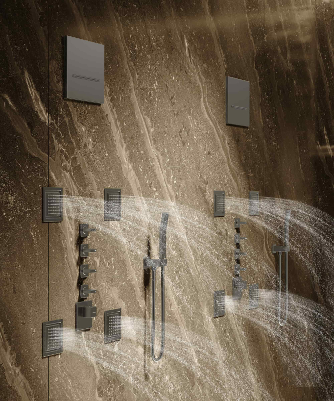 Composizione doccia termostatica soffione wellness con body jets Gun metal - Sirius