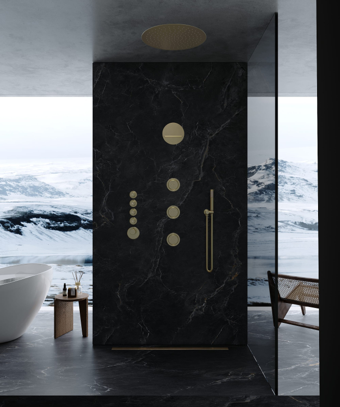 Composizione doccia termostatica soffione tondo wellness con body jets Oro spazzolato - Corbeau