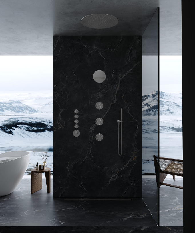 Composizione doccia termostatica soffione rotondo Wellness con body jets Gun metal - Corbeau